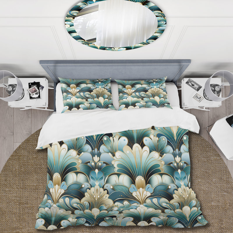 Ensemble de housse de couette art déco années 70 en émeraude et blanc, Housse de couette pour grand lit et 2 taies décor
