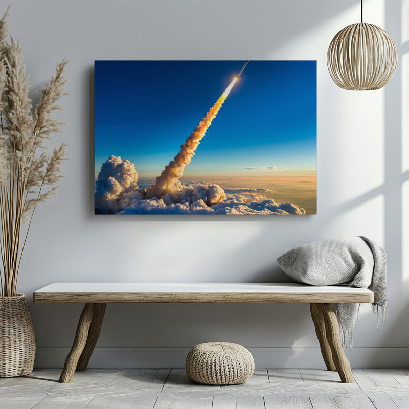 Toile, une fusée élégante monte brusquement dans un ciel bleu clair, laissant un panache dramatique de fumée derrière elle, art mural sur toile contrastant