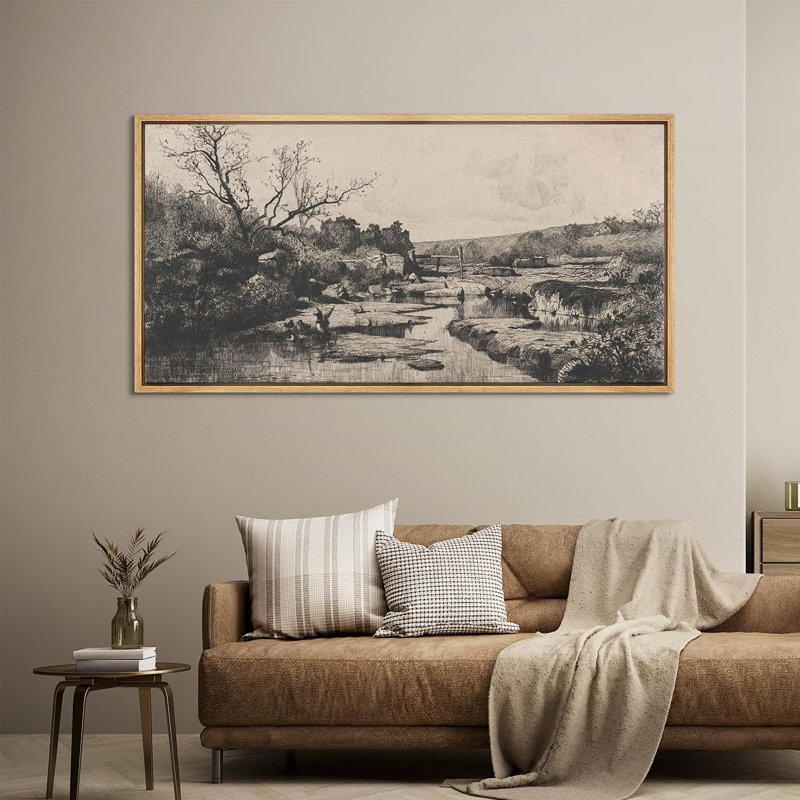 «Rustic Countryside Idyllic River Gravure», impression à la plume classique sur toile, H 30 po x l 60 po, Naturel