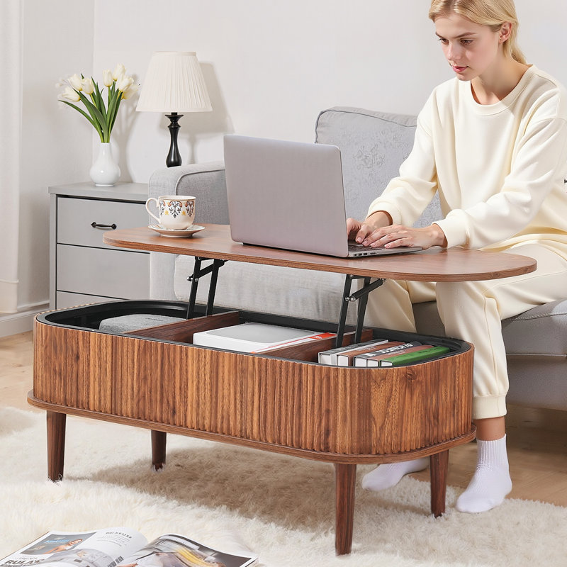 Table basse à plateau relevable de 39,4 po, table basse ovale cannelée avec 3 compartiments cachés, bureau central ovale en bois de style Mid-Century avec rangement, plateau de table relevable pour la maison et le bureau, assemblage facile, noyer