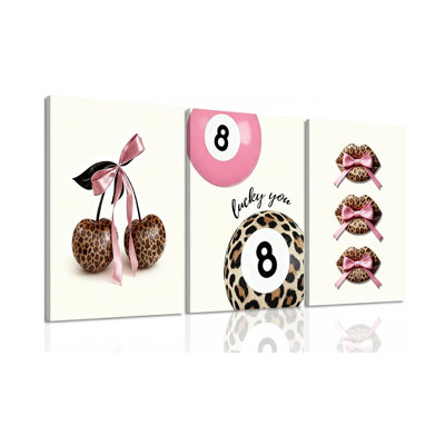Y2K Pink Leopard Wall Art Set Of 3 Baddie Coquette Bow Cherry Lucky 8 Ball Posters, Hot Girl Aesthetic Pink & Black Room Decor For Teen Girls Bedroom Dorm 12X16in Framed