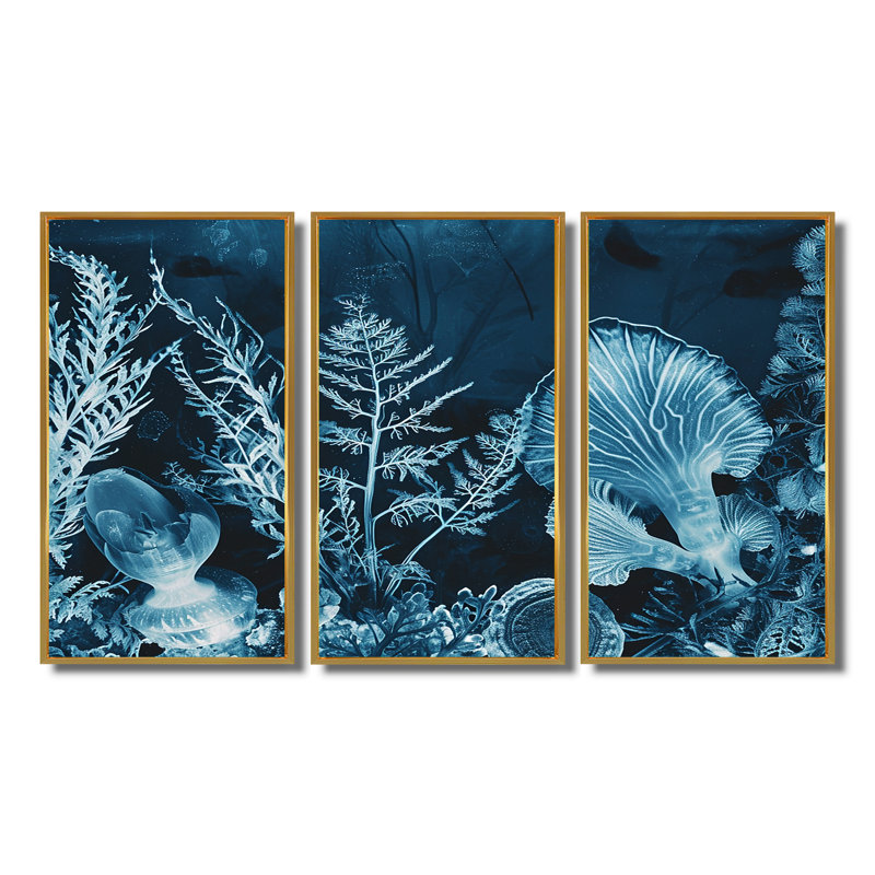 Rizzo - Ensemble d'art mural corail sous l'eau, Cadre flottant doré, H 40 po x l 60 po x P 1 po