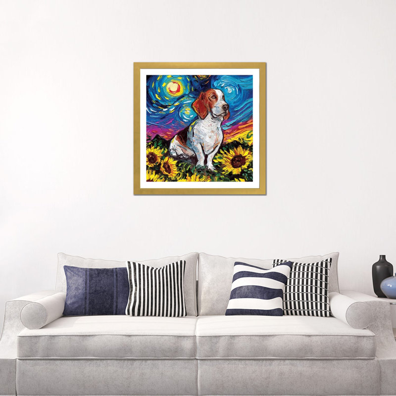 Reproduction d’art « Basset Hound Night II » par aja Trèves, Blanc, H 24 po x l 24 po x p 1 po, Papier encadré doré