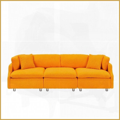 95.3" Modern 3-Seat Teddy Velvet Sofa - Orange Plush Couch with 3 Throw Pillows for Living Room
