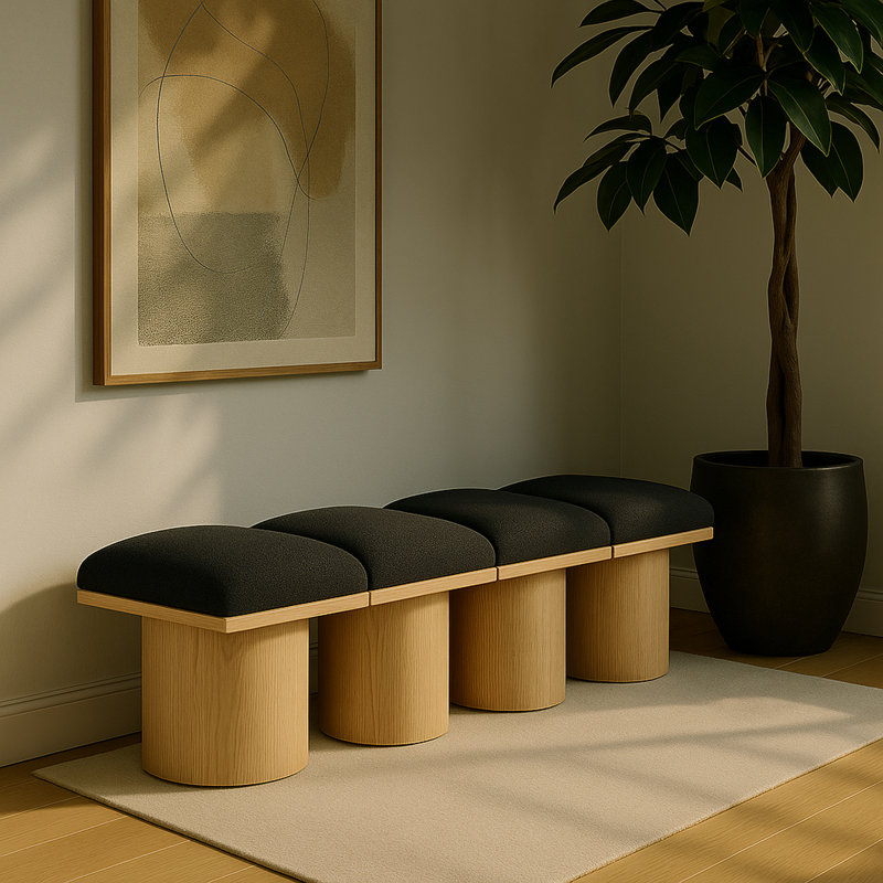 Banc rembourré Horatia, Naturel, Tissu bouclé noir, H 17,5 po x l 62 po x P 18 po