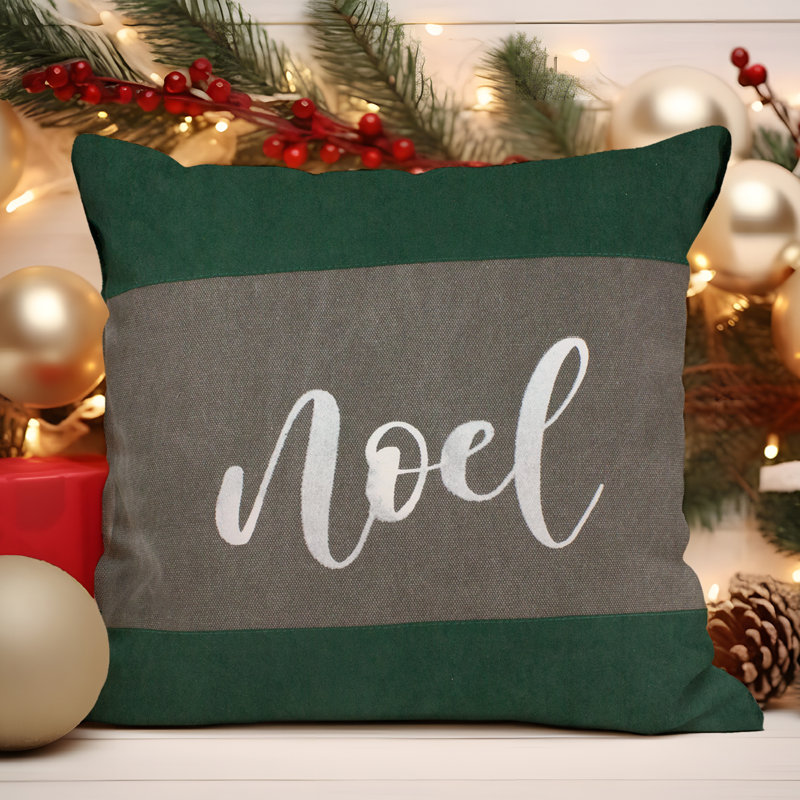 Green and Brown Suede Noel Typography Square Throw Pillow