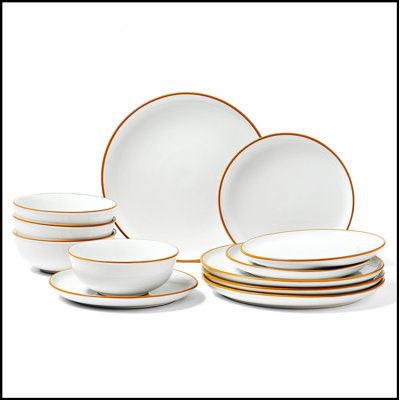 Service de table en céramique 12 pièces avec assiettes et bols durables, idéal pour les repas en famille et un rangement facile
