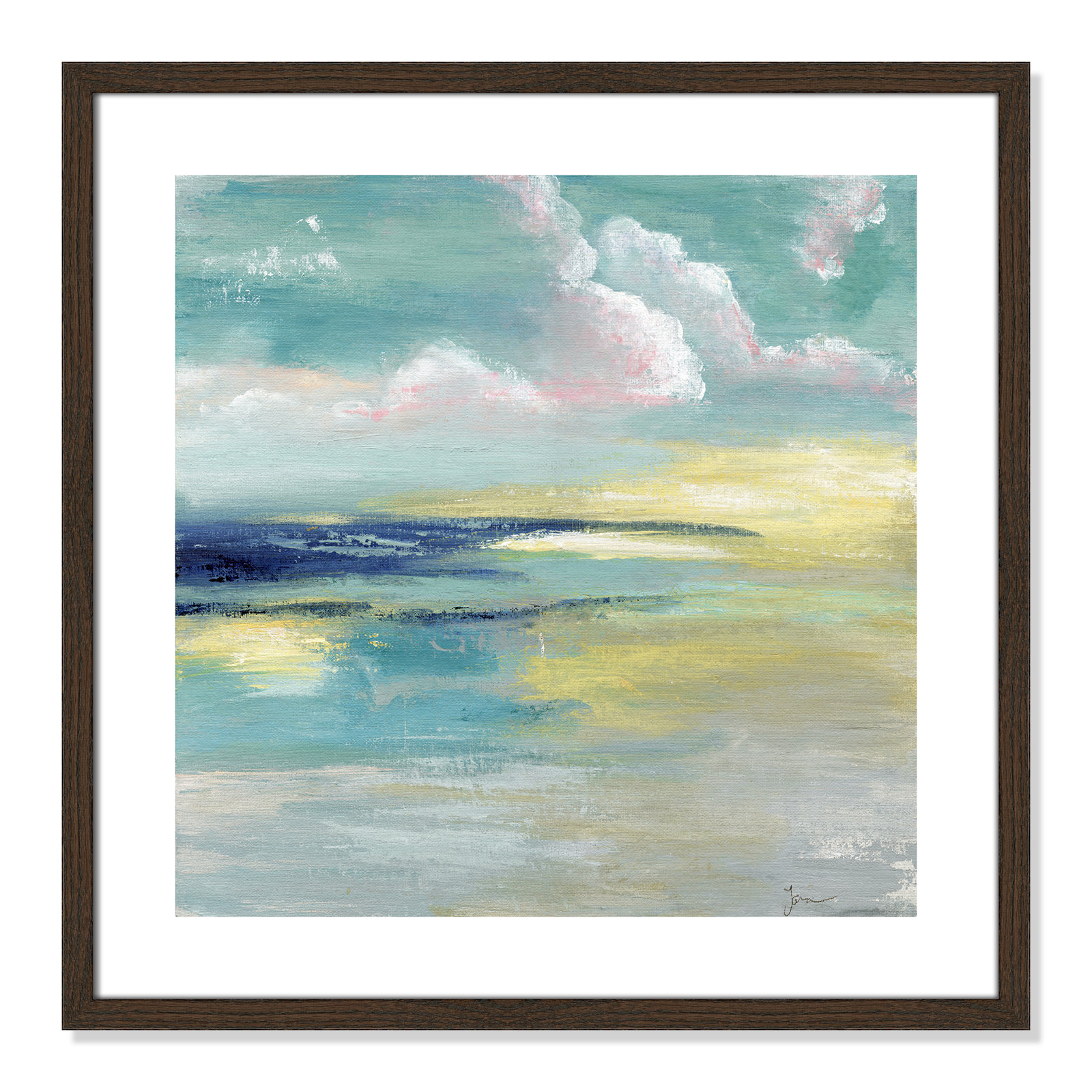 Bertie "Ocean View" Painting by Tava Studios, 24.75" H x 24.75" W x 0.75" D, Walnut Wood Framed Paper