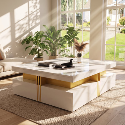 Table basse moderne en MDF à 4 tiroirs, dimensions : 110 cm (L) x 110 cm (P) x 42 cm (H).