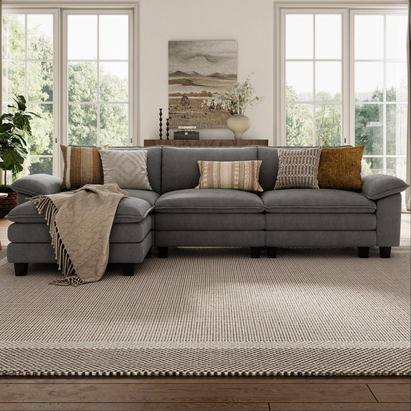 Colbey 123'' Upholstered L-shape Modular Cloud Sectional with Ottoman, Lena Gray Corduroy