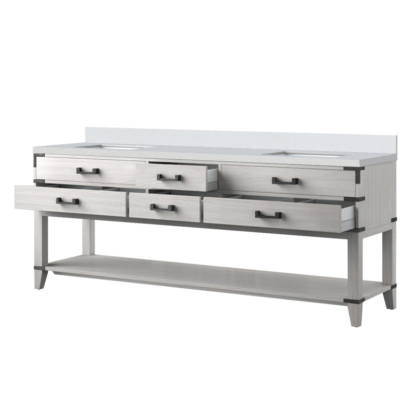 Meuble-lavabo double en chêne blanc 84 po X P 22 po D, avec plateau en marbre de culture