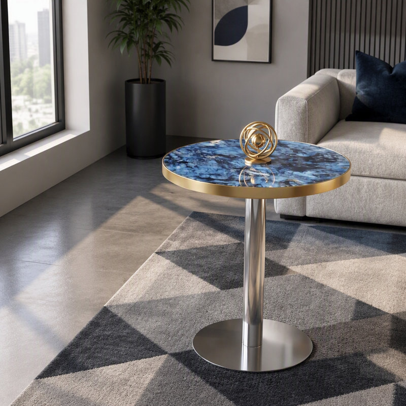 Table d'appoint ronde de 23,6 pouces, panneau de fibres à densité moyenne, texture de marbre peinte UV avec bordure en acier inoxydable, pieds en métal, table basse de luxe moderne