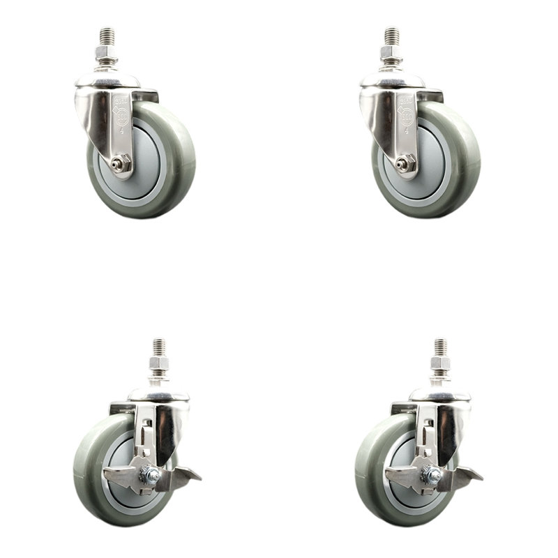 316SS Polyurethane Swivel Threaded Stem Caster Set 2 Brake