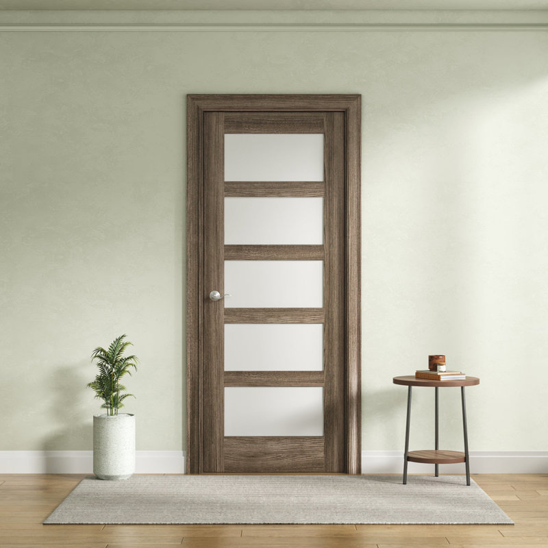 Dalle de porte intérieure seulement (non pré-suspendue), conception en verre givré 5-Lite, placage de noyer d'ingénierie apprêté, noyau solide, disponible pré-percé (porte à gauche ou à droite) pour les portes battantes ou non pré-percé (poign
