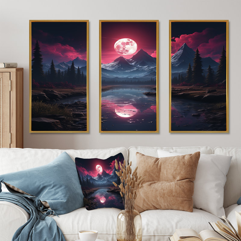 «Purple Full Moon River Reflection», ensemble d'art mural paysage abstrait, Cadre flottant doré, H 40 po x l 60 po x P 1 po