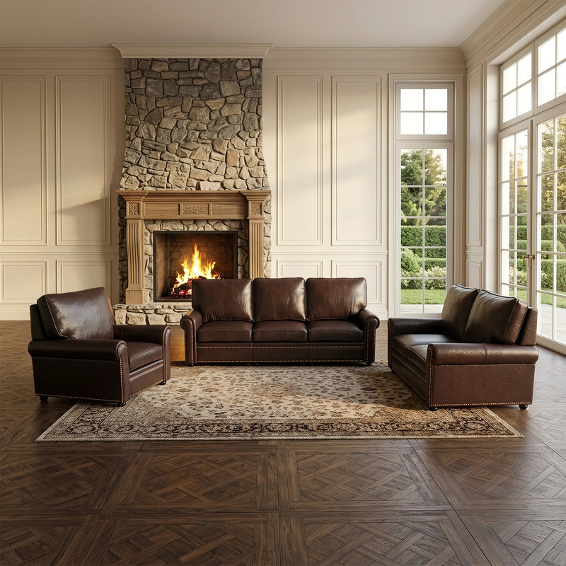 Canapé classique en cuir Chesterfield, 3 Pcs: Chair, Loveseat, Sofa, Brown