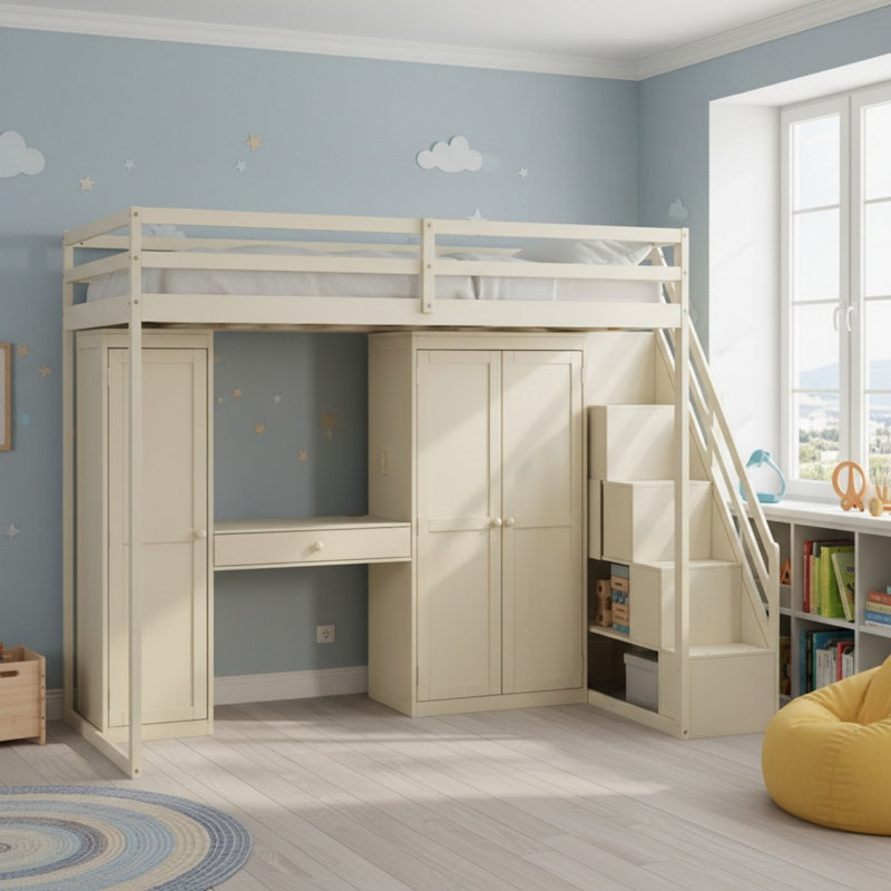 Solid Wood Full Size Loft Bed with Storage Staircase, Built-In Dressing Table with Mirror and USB Charging Ports for Bedroom
