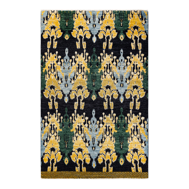 Tapis noir / jaune / bleu en laine noué à la main de conception unique 6 pi 1 po x 9 pi 5 po New Age