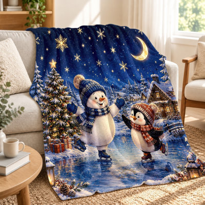 1Pcs Winter Wonderland Snowman Penguin Skating Christmas Tree Cozy Plush Blanket, Warm and Suitable for All Seasons, Perfect Living Room, Sofa, Couch, Bedroom, Travel, Camping, Office, Home Decoration Gift