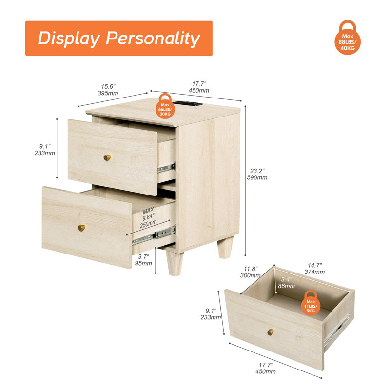 Lysiane 2 - Drawer End Table and Built-In Outlets, Biscotti