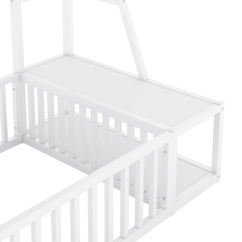 Structure de lit grande taille avec clôture de sécurité, lit de sol en métal avec bureau et tablettes de rangement, maisonnette pour enfants,