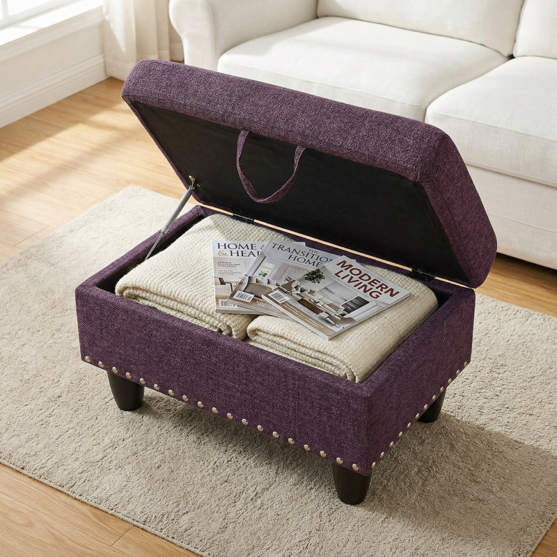 Amaranthus Red Linen Fabric Storage Footstool, Wear-resistant And Breathable Solid Wood Frame, High Elasticity Sponge, Red