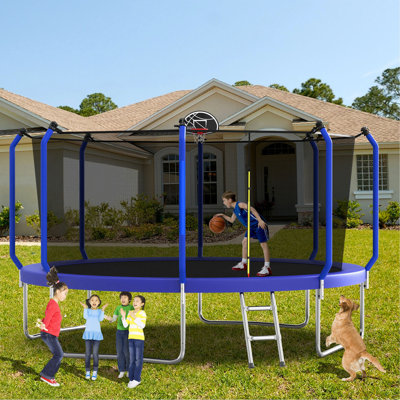 14FT Trampoline with Basketball Hoop, ASTM Approved Reinforced Type Outdoor Trampoline with Enclosure Net