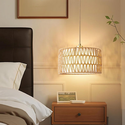 Plug In Pendant Light Rattan Hanging Lamp With Cord Woven Fabric Shade E26 Bulb Included Farmhouse Boho Lighting For Bedroom