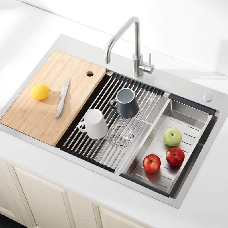 Stainless Steel Sink 33"X22", Overmount Installation, Single Bowl - And Stylish, Sound Absorbing, With Grid Drain 33"X22" Sink, Overmount, Scratch- Exterior, Spacious For Kitchen Use,