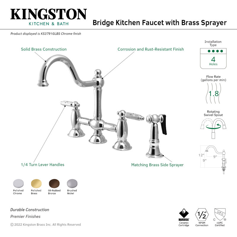 Kingston Brass Restoration Two-Handle 4-Hole Deck Mount Bridge Kitchen Faucet with Brass Side Sprayer, Polished Chrome