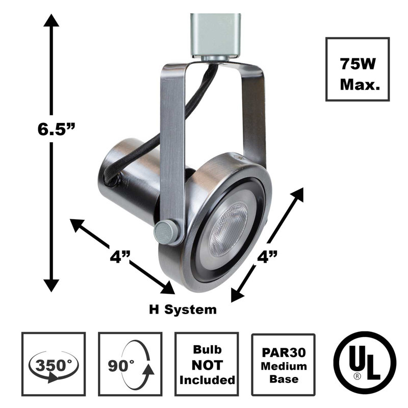 Brushed Steel Adjustable Track Lighting Head, 6.5" H x 4" W x 4" D
