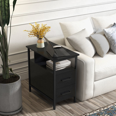 End Table with Charging Station, Narrow End Table with 2 Wooden Drawers