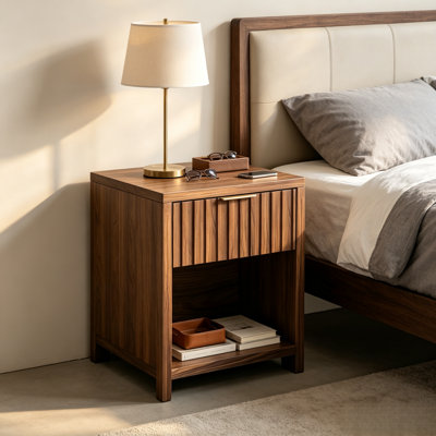 Table de chevet en bois cannelé à 1 tiroir, table d'appoint moderne et rustique avec rangement ouvert pour chambre à coucher