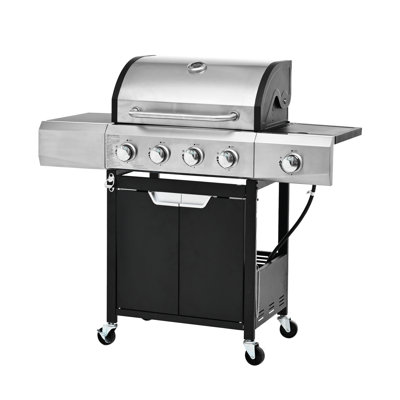 Propane Grill 4 Burner With Side And Cover, Stainless Steel, 51000 , 344 Sq. In. Cooking Area For Camping & Outdoor Bbq, Silver Bbq Steel Space,