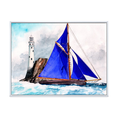 Voilier avec voiles bleues dans une mer orageuse - reproduction sur toile