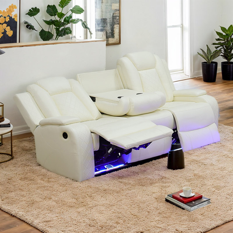 Drady 3 - Piece Faux Leather Living Room Set with LED Lighting and Wireless Charger, White