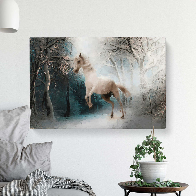White Horse Rearing in a Winter Forest in Abstract - Wrapped Canvas, 35cm H x 50cm W x 3cm D