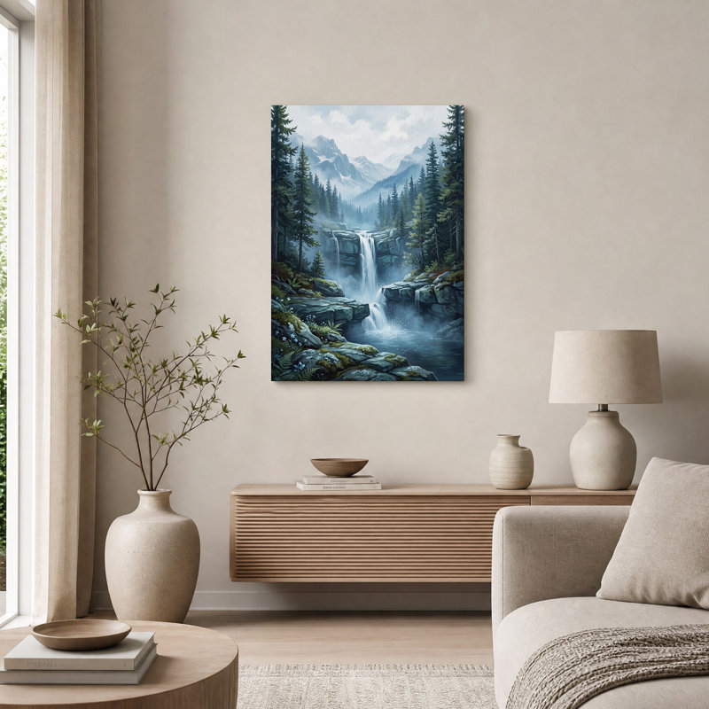 Tableau sur toile représentant une cascade de montagne dans une forêt de pins brumeuse, H 30 po x l 20 po