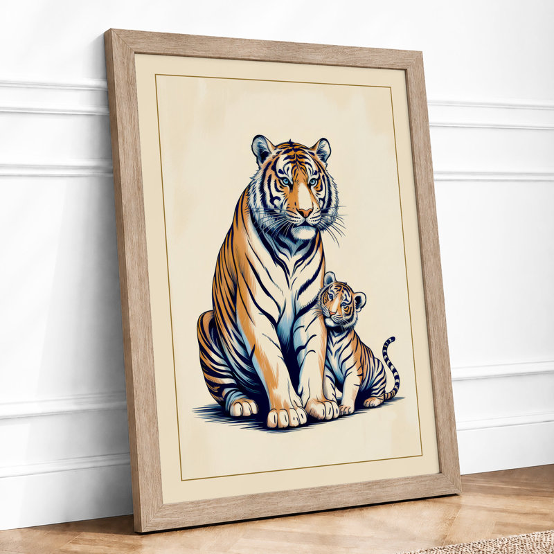 Tiger and Cub Boho - Framed Print, A4 - 29.7 x 21.0 cm, Oak