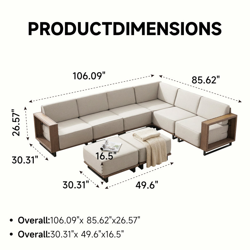 Ensemble de 7 chaises modulaires d'extérieur en forme de L pour canapé modulaire en osier avec repose-pieds