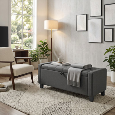 Banc de rangement avec commode l 48 po avec pieds, repose-pieds avec rangement, banc d'extrémité de lit avec charnières de sécurité, tissu d'aspect lin, gris