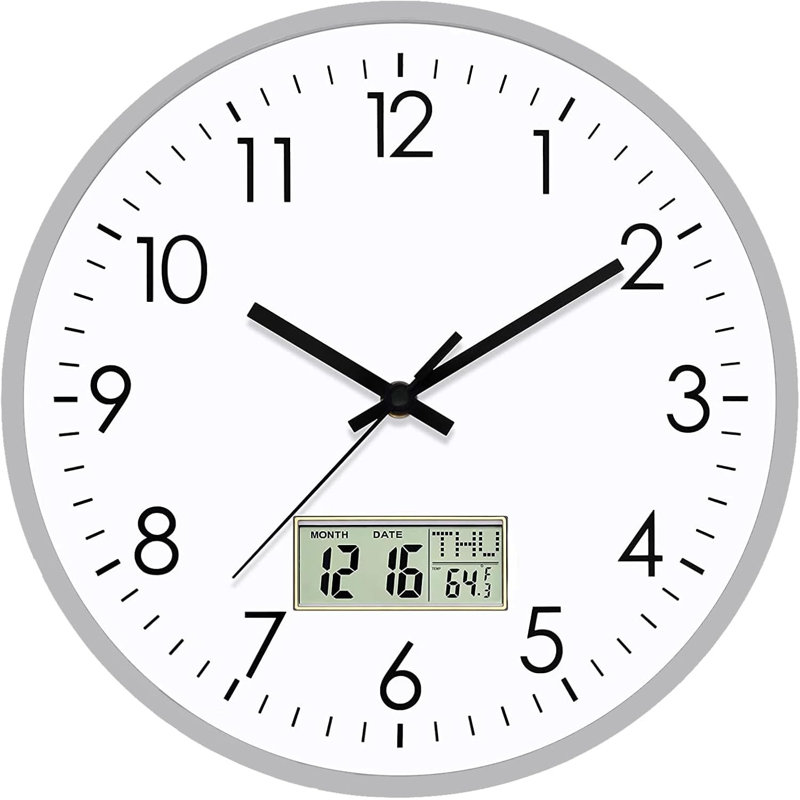 12 Inch Silent Wall Clock with Day, Date and Temperature (Silver)