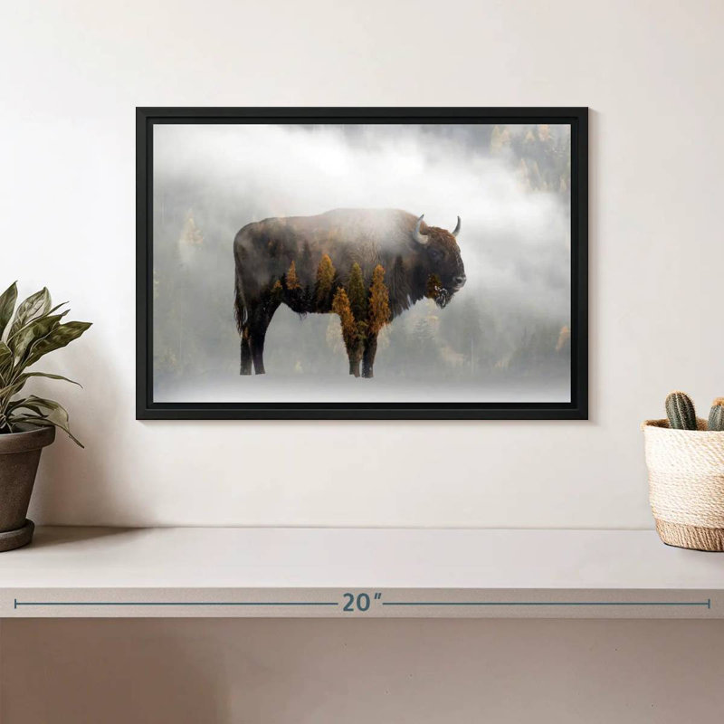 Bison de la forêt de pins, Cadre flottant noir, 13 po x 9 po