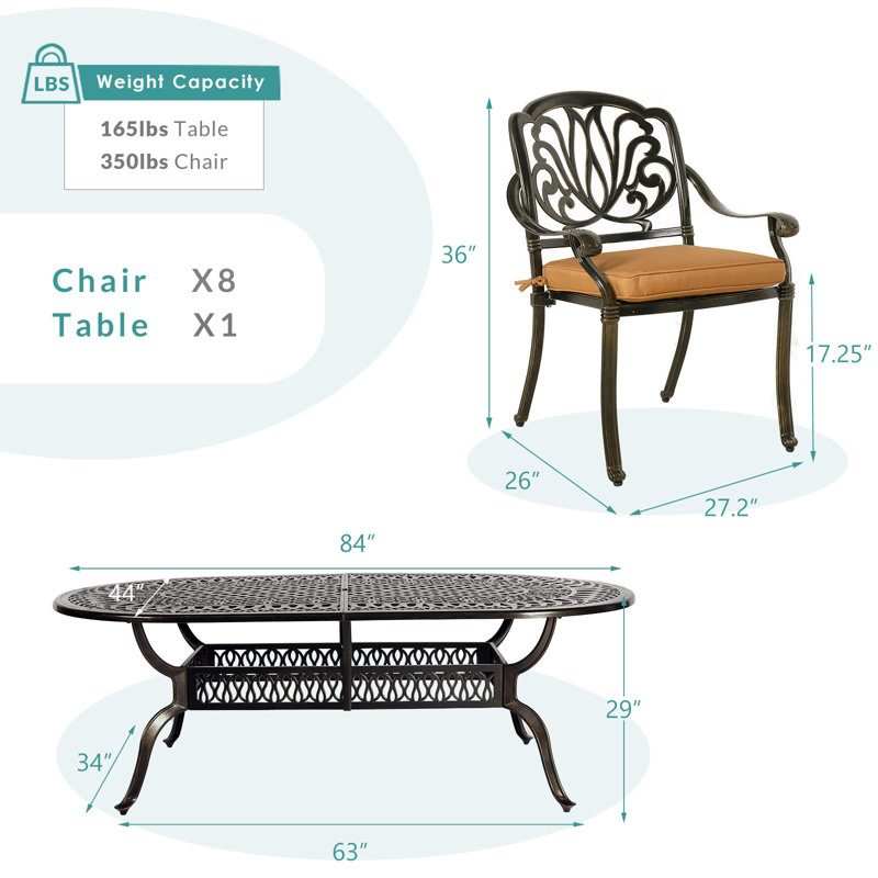 8 - Person Patio Dining Set with Oval Table , Cushions Included, Khaki