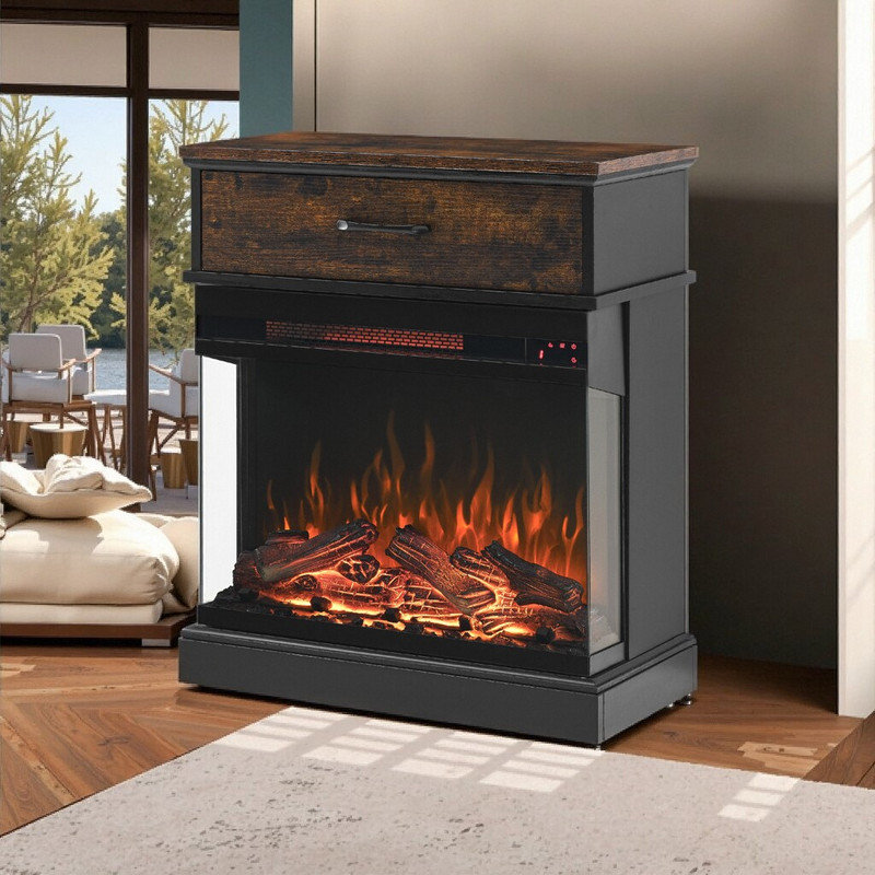25 Inch Electric Fireplace Stand Side Table With 3-Sided Glass & Storage Drawer Modern Farmhouse End Table