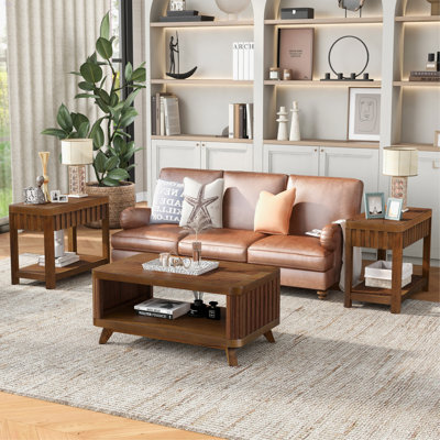 Rectangular Wood Coffee Table For Living Room, 41.5-Inch Coffee Table With Solid Wood Legs, Wood Center Table Tea Table With Open Storage Shelf
