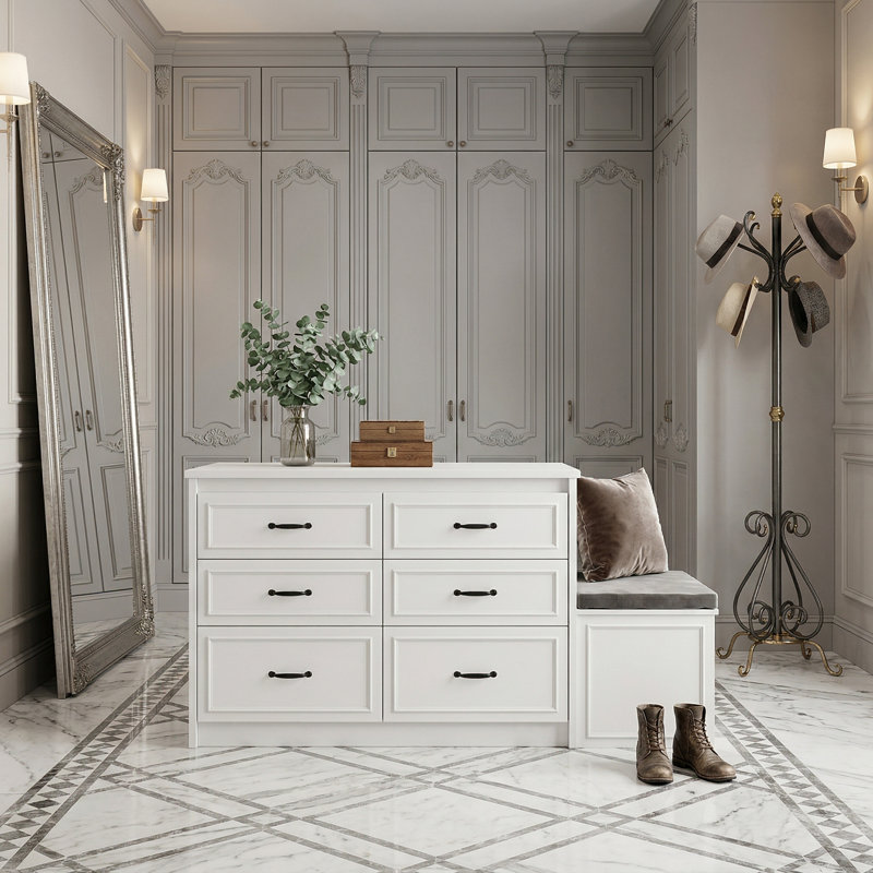 61.9'' W 12-Drawer Storage Bench With Flip-Up Seat, White