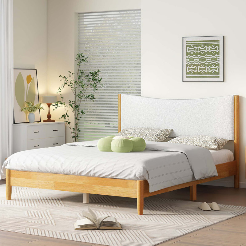 Lit en bois d'hévéa et en bois massif avec tête de lit rembourrée avec coussin en peluche