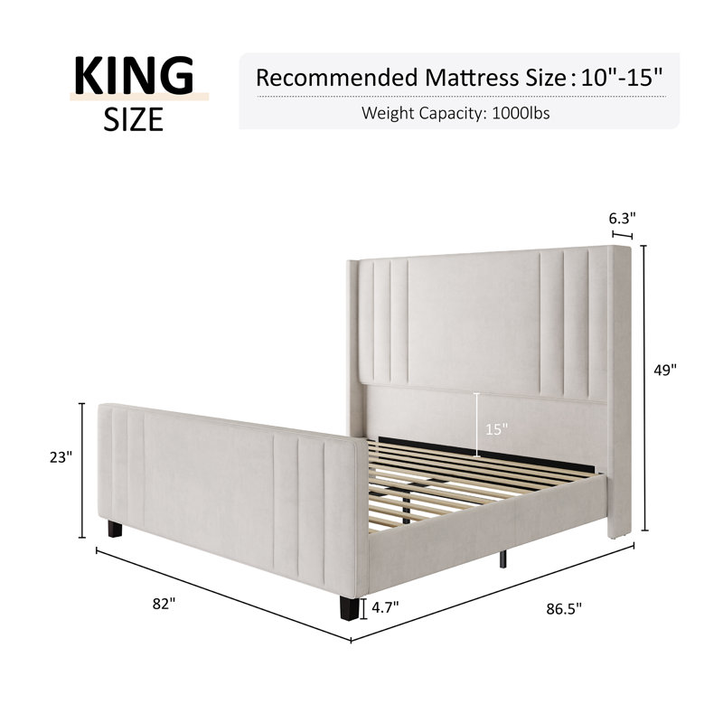 King Size Cream Velvet Upholstered Bed with Tufted Headboard