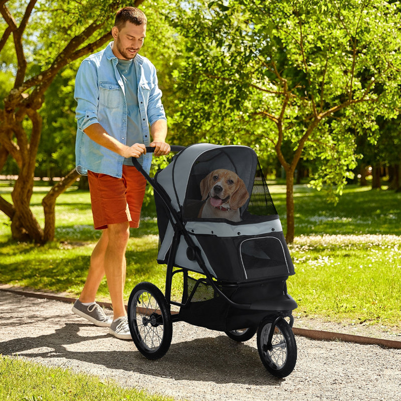 Petit et moyen chien avec 3 grandes roues, auvent pliable, réglable, harnais, bac de rangement, structure pliable grise à poussette, parasol, attache, boîte,